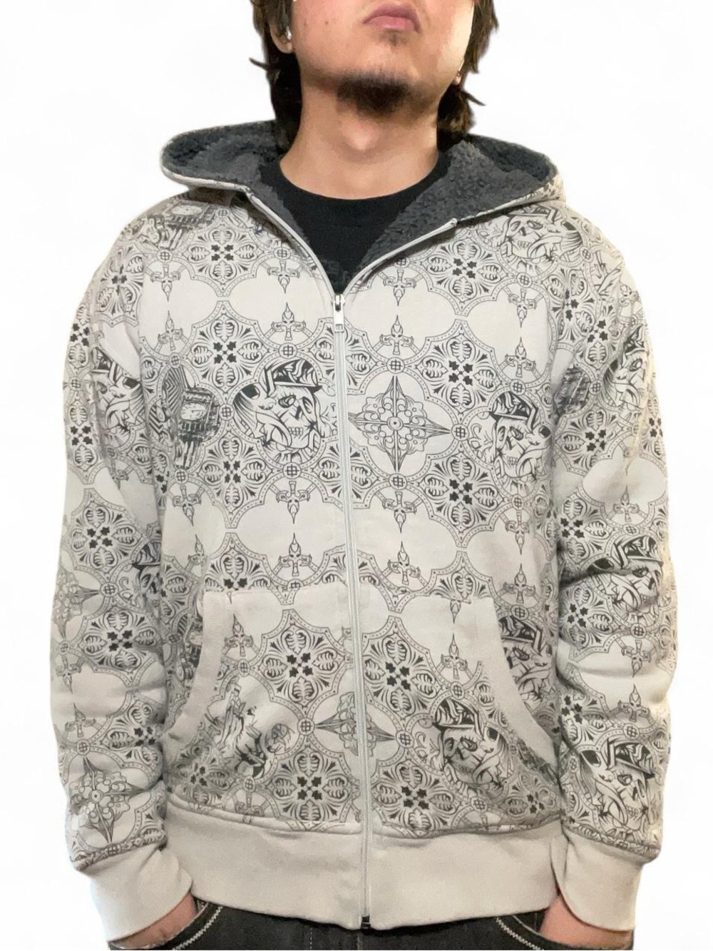 Indigo Star Y2K Skull Medallion Print Sherpa Lined Full Zip Hoodie Size XL Youth